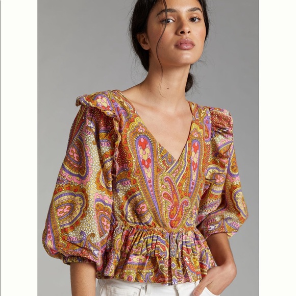 ✨ Anthropologie Ruffled Abstract Blouse Sz L - Picture 1 of 6